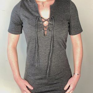 Small Gray Rayon Karlie Bodycon Dress with open tie V-Neck